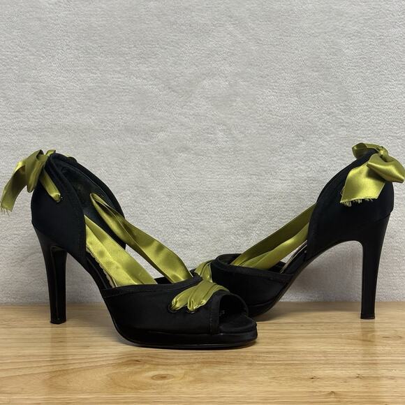 Beverly Feldman Vintage Black Satin Green Ribbon Platform Peep Toe Heels Size 7 - Picture 14 of 14